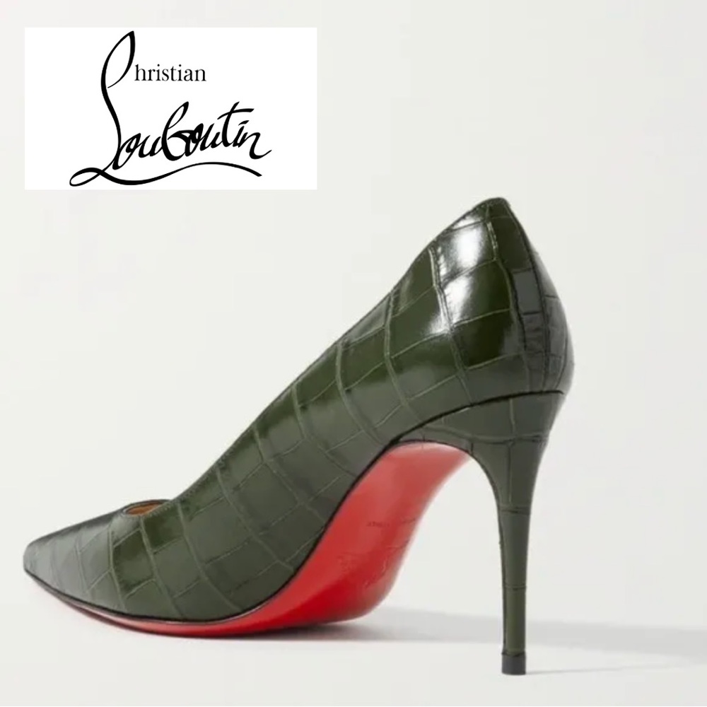 NWT Christian Louboutin 85 Kate Calfskin Croc Embossed Pointed Toe Pump--Size 40 - Picture 2 of 5